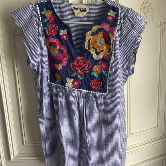 Savanna Jane Tops - blue & white striped top w/ floral embroidery